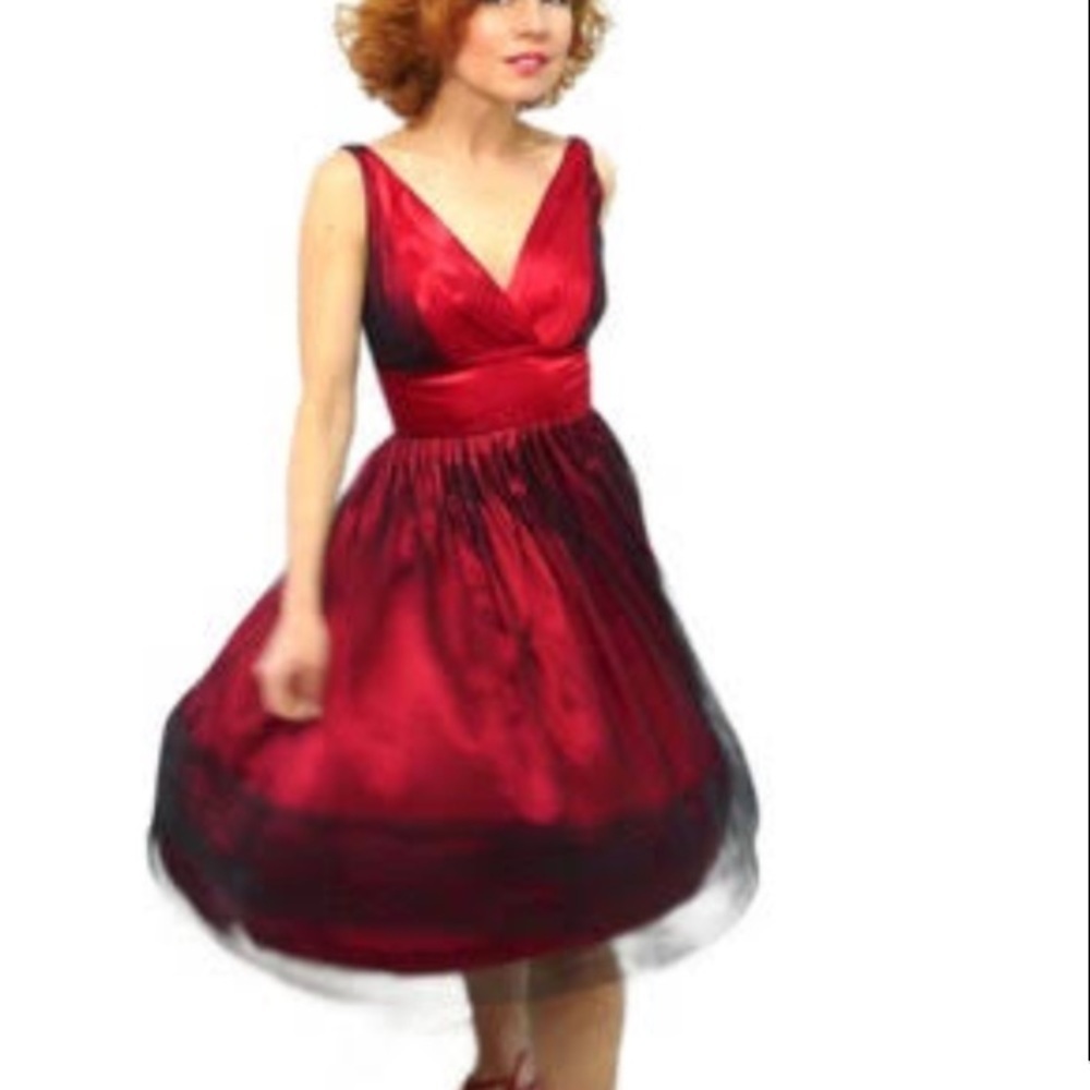 Vintage 1980s Dress Red Cocktail Prom V- neck cc.
